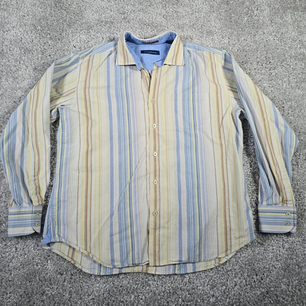 Tommy Bahama Mens‎ Striped Cotton Silk Button Up Shirt Size Large Resort Casual